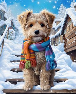 Dog With Scarf On The Stairs