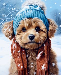 Portrait Of A Little Dog With Scarf And Wool Hat