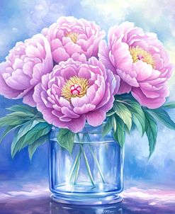 Peonies In Glass Vase Pink And Blue