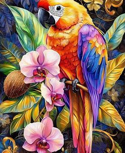 Colorful Parrot And Orchids 2
