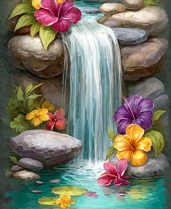 Beautiful Waterfall With Hibiscus