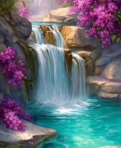 Beautiful Waterfall With Purple Flowers