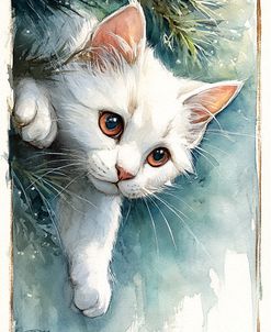 White Cat Among Pine Branches
