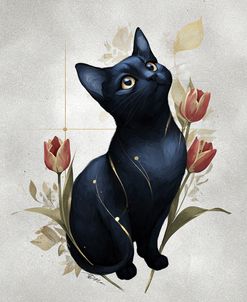 Black Cat And Pink Tulips