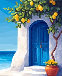 Minimalist Illustration Of Blue Door On Italian Sea With Lemons (2)