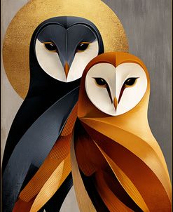 Minimalist Poster With Two Gray, Gold, And Orange Owls