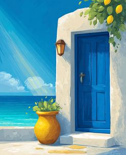 Blue Door On The Italian Sea With Lemons