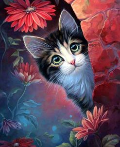 Curious Cat With Red Flowers