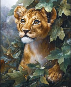Baby Lion Among The Leaves While It Rains