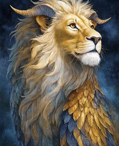 Ethereal Creature In Watercolor Golden Feathered Lion