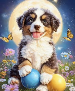 Australian Shepherd Happy Puppy With Moon