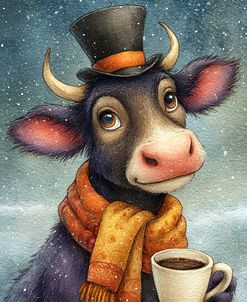 Cow With Scarf And Hat With A Cup Of Tea