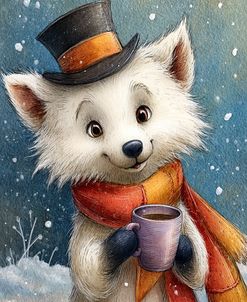 White Fox With Scarf And Hat With A Cup Of Tea