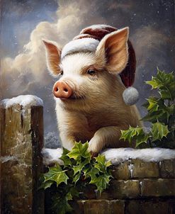Piglet With Santa Hat And Holly