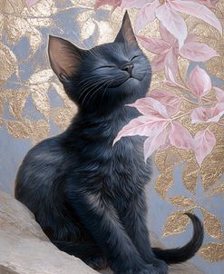 Black Kitten With Golden And Pink Background
