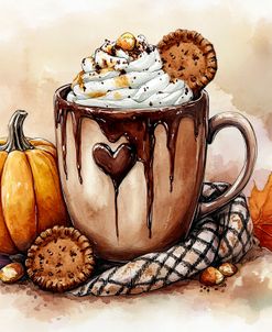 Cup Of Chocolate And Cream With Pumpkin And Cookies