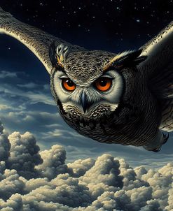 Owl Flying Over The Clouds