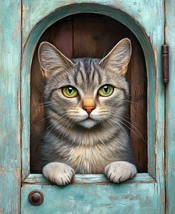 Cat Standing At The Blue Door