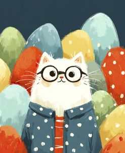 Easter White Cat Among The Colored Eggs