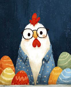 Easter Chicken Among The Colored Eggs