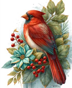 Red Cardinal Bird Winter Botanical Illustration