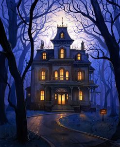 Moonlit Victorian House Halloween Scene