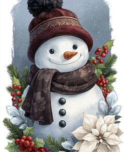 Snowman With Poinsettia Winter Portrait