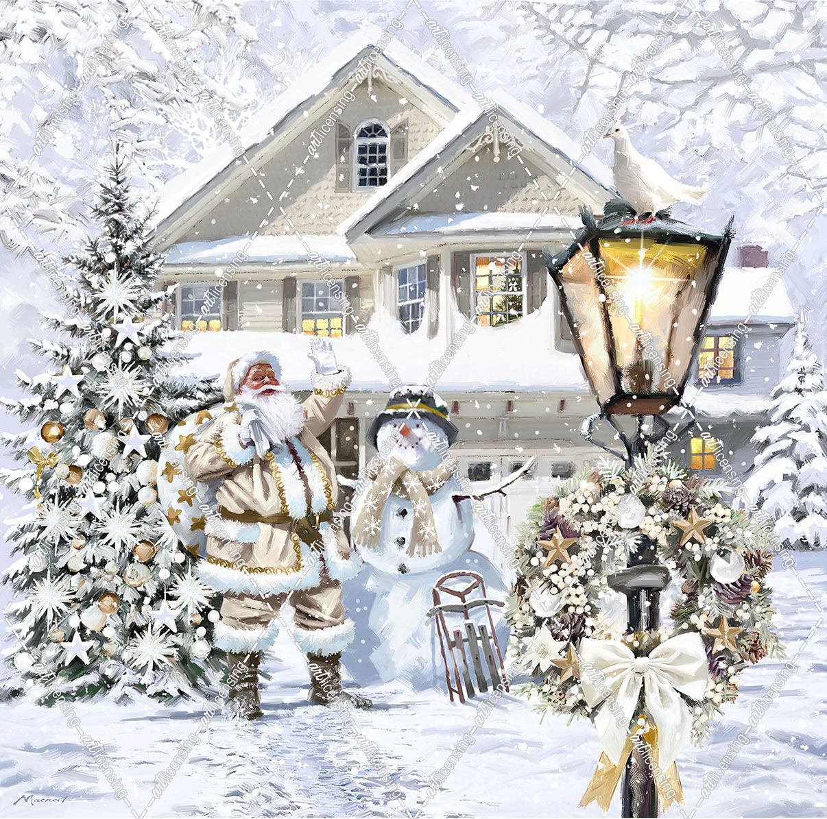 2148-2 White Christmas House and Santa