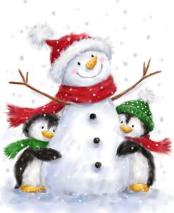 Snowman With Two Penguins