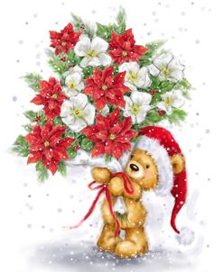 Bear and Christmas Flowers