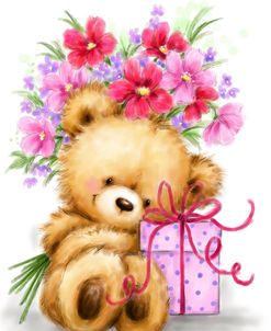 Bear with Present and Flowers