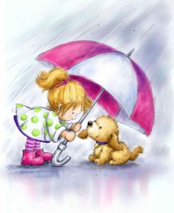 Little Girl and Dog Under Umbrella