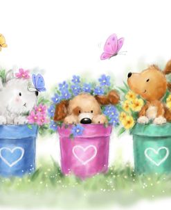 Three Dogs in Flower Pots