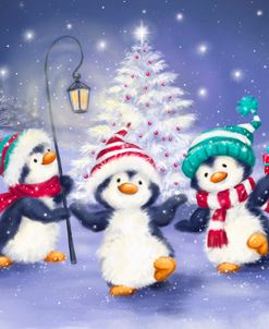Three Penguins with Christmas Tree