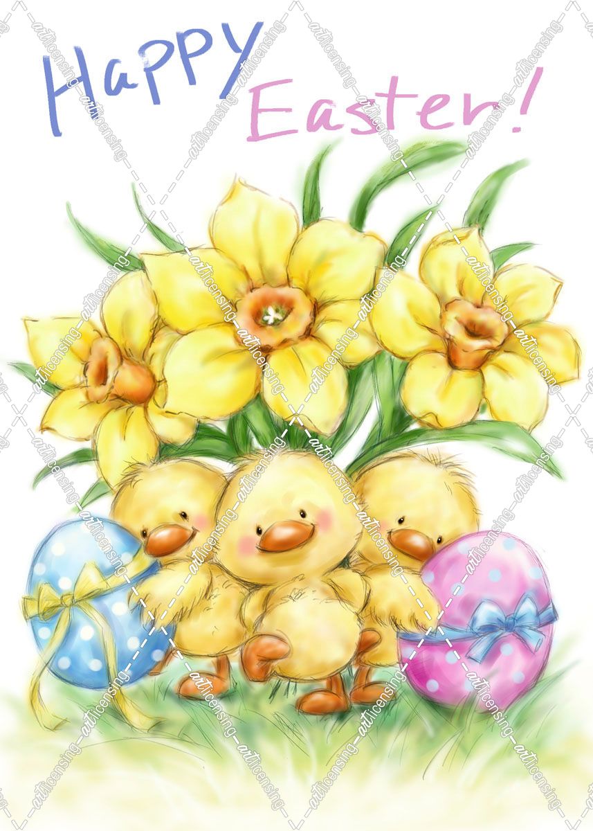 Three chicks with Daffodils and Egg