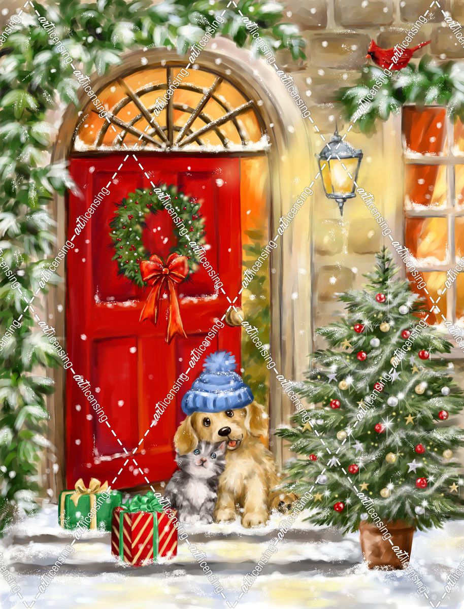 Christmas Red Door and Cat and Dog