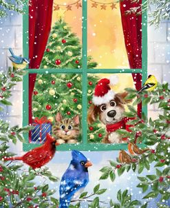 Dog and Cat at Christmas Window