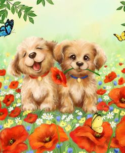 Puppies in Red Flowers