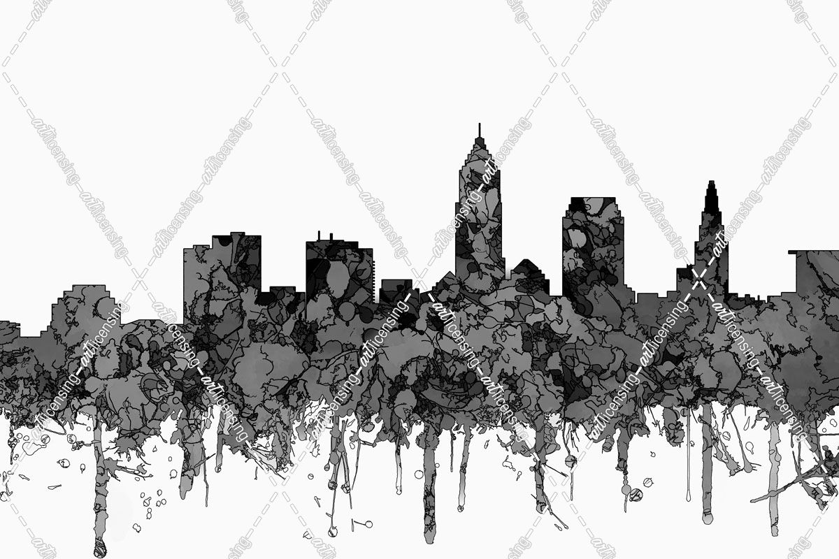 Cleveland Ohio Skyline-Cartoon B&W