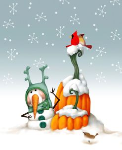 One Snowman with Two Pumpkins and Birds