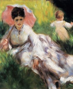 Woman with a Parasol and Small Child on a Sunlit Hillside – Pierre-Auguste Renoir