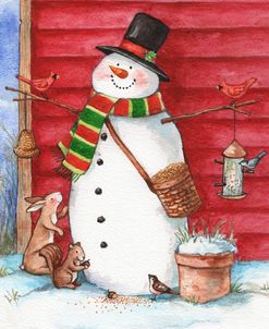 Red Barn Snowman with Friends