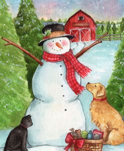 Snowman Farm With Dog And Cat