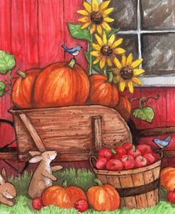 Bunnies Pumpkins and Red Barn Autumn