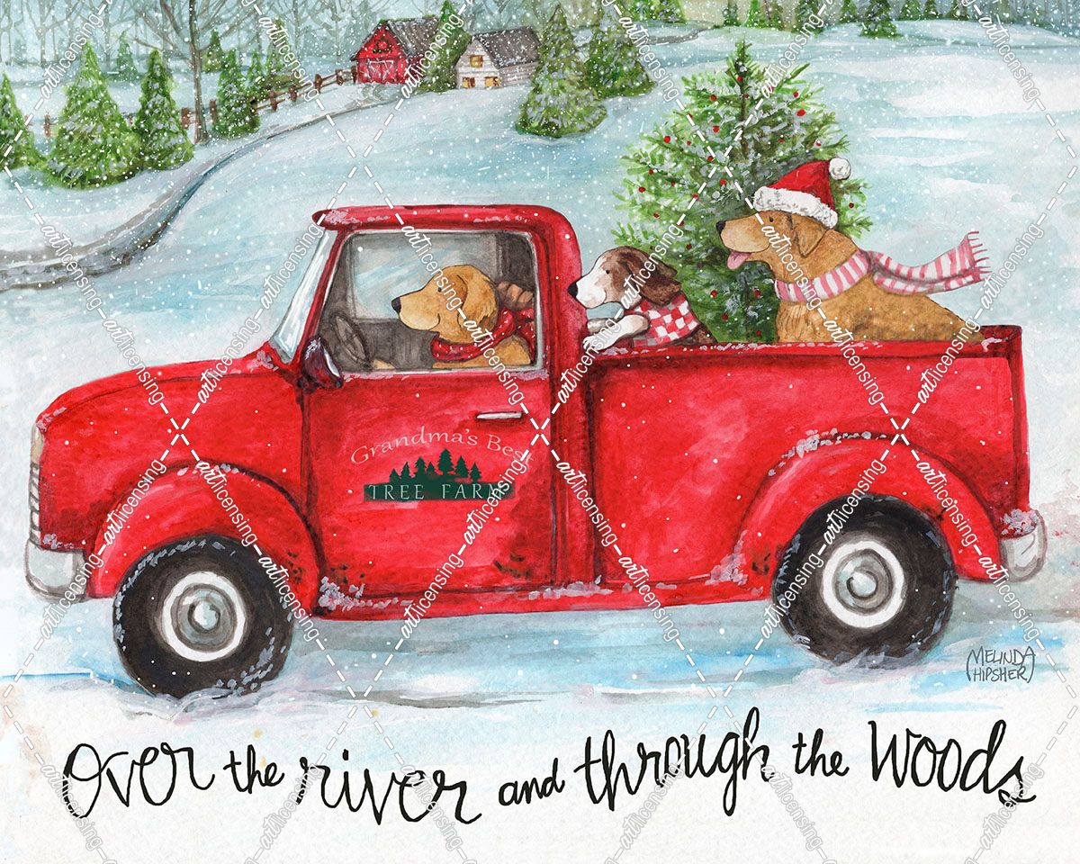 Red Truck With Dogs Christmas Woods