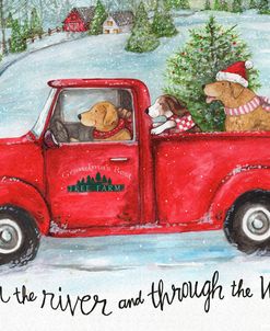 Red Truck With Dogs Christmas Woods