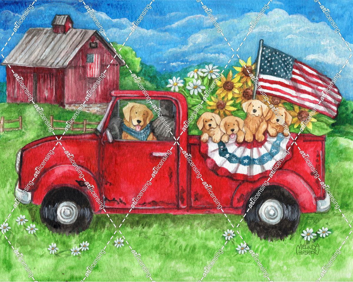 Red Truck American Flag and Dogs