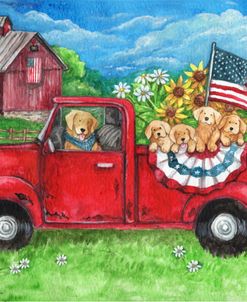 Red Truck American Flag and Dogs