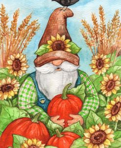 Gnome In the Pumpkin Patch and Sunflowers