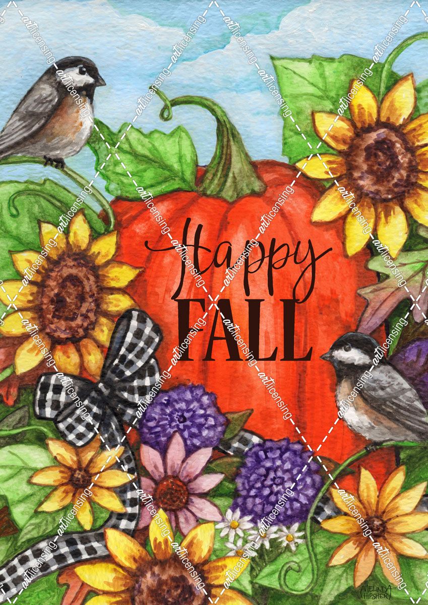 Pumpkin and Birds With Ribbon Happy Fall